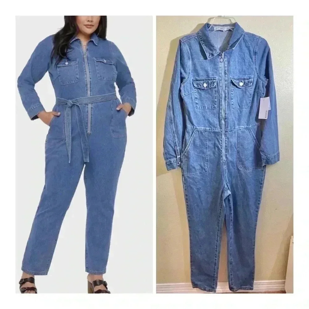 Just Fab Size M Blue Denim Jumpsuit Zip Front Pockets Straight NEW With No Belt